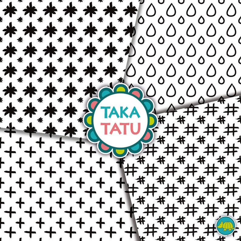 Geometric Hand Drawn Digital Paper Black and White Paper / | Etsy