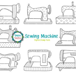 Sello digital de la máquina de coser - Imágenes prediseñadas de costura / Arte de línea de garabatos de costura / Costura imprimible en blanco y negro / Costurera / Clipart artesanal