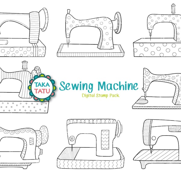 Sewing Machine Digital Stamp - Sewing Clipart / Sewing Doodles Line Art / Black and White Sewing Printable / Seamstress / Craft Clipart