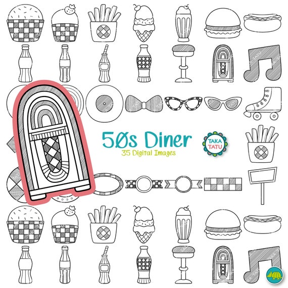 50s Diner Digital Stamp Retro Diner Clipart / Vintage Sock | Etsy