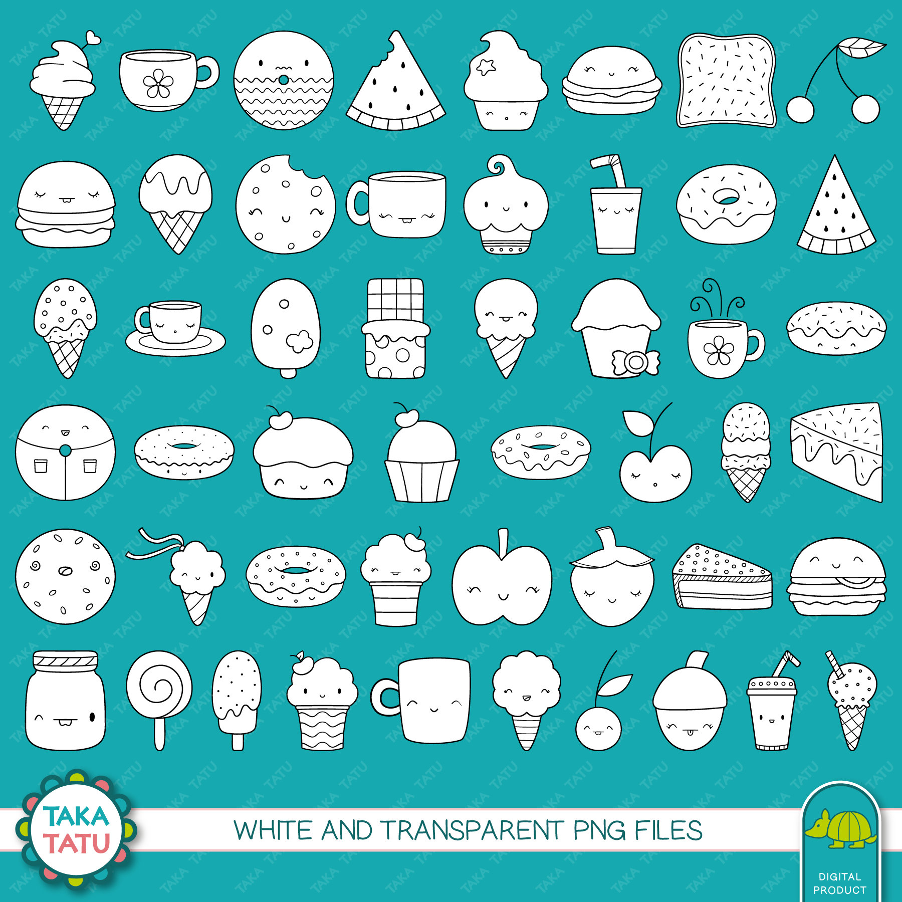 Cute Foods Digital Stamp Pack Hand Drawn Black and White | Etsy