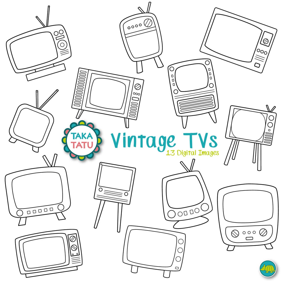 Vintage TV Digital Stamp Pack Black and White Clipart / | Etsy