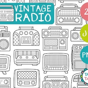 Vintage Radio Digital Stamp Black and White Set - Vintage Music / Retro Radio Style Clipart / Classic Radio Printable - Instant Download