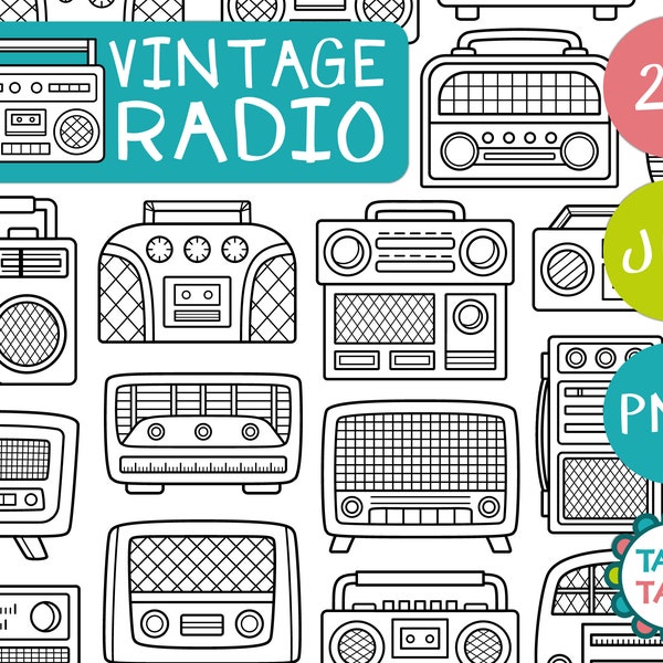 Vintage Radio Digital Stamp Black and White Set - Vintage Music / Retro Radio Style Clipart / Classic Radio Printable - Instant Download