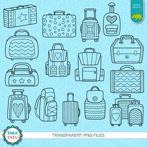 May include: A set of 15 black and white line drawings of different types of luggage, including suitcases, backpacks, and duffel bags. The images are on a light blue background with a white border.