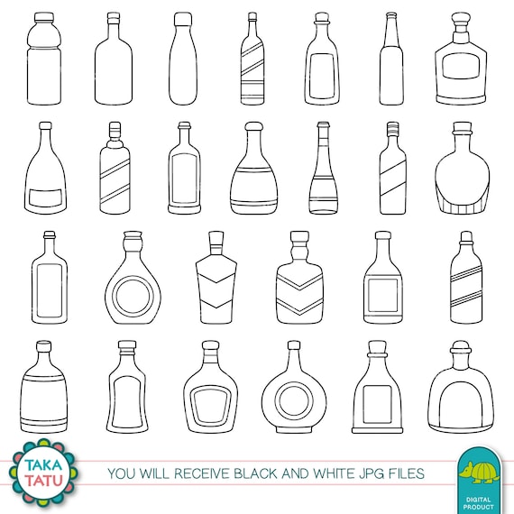 Flaschen schwarz und weiß Digital Stamp Pack / Flasche Line Art druckbare Clipart für Cardmaking und Scrapbooking / digitale Bilder zum Herunterladen