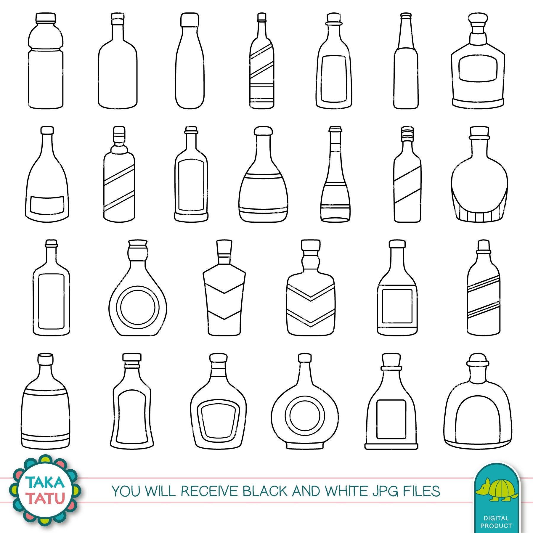 Bottles Black and White Digital Stamp Pack / Bottle Line Art Printable ...