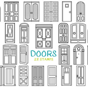 Door Clipart - Door Digital Stamp Pack / Back and White Line Art Handgetekende deuren / Architectuur Clipart / House Door Images - Download