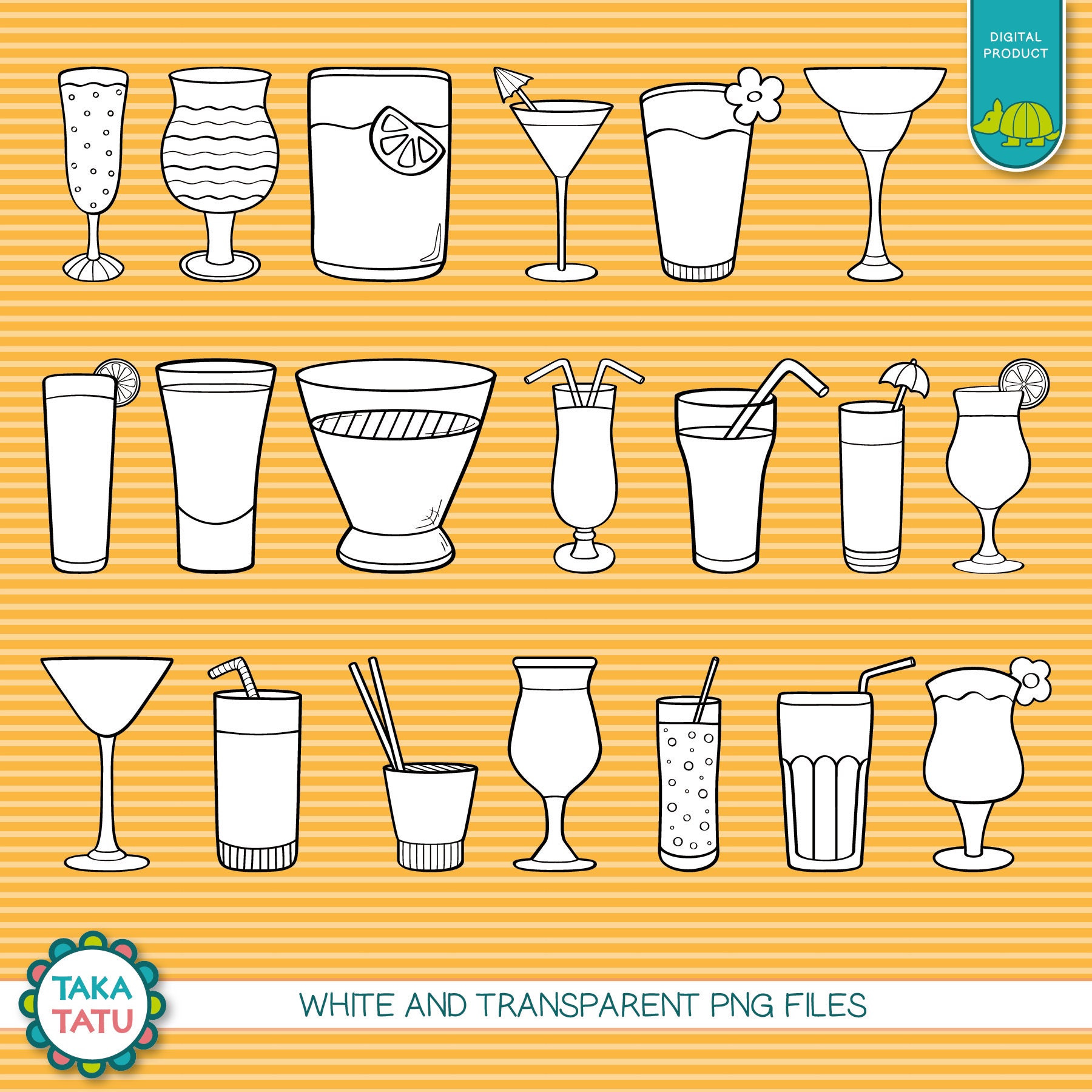 Party Drinks Digital Stamp Pack - Black and White Clipart / Cocktail ...