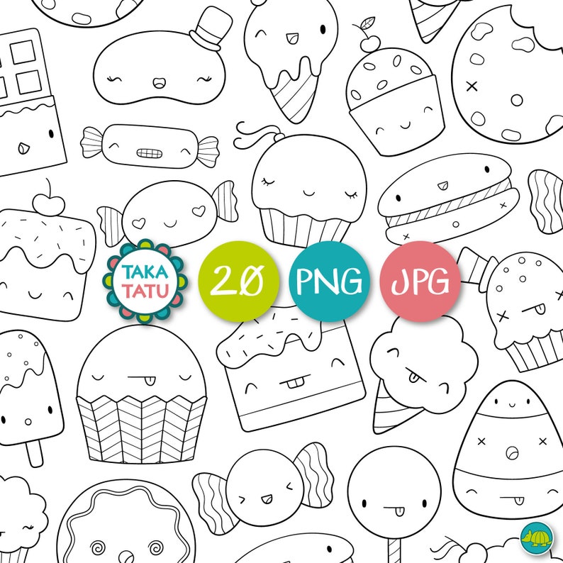 May include: A set of 20 black and white line art illustrations of cute cartoon food items, including cupcakes, candy, ice cream, and cookies. The illustrations are perfect for use in digital scrapbooking, card making, and other craft projects.