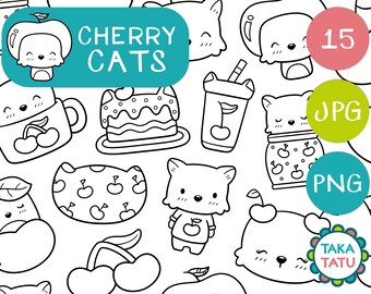 CHERRY CAT Cute Digital Line Art Clipart - Cat Hand Drawn Back and White Simple Printable Digital Stamp Set / Cat and Food / Fruit Clipart