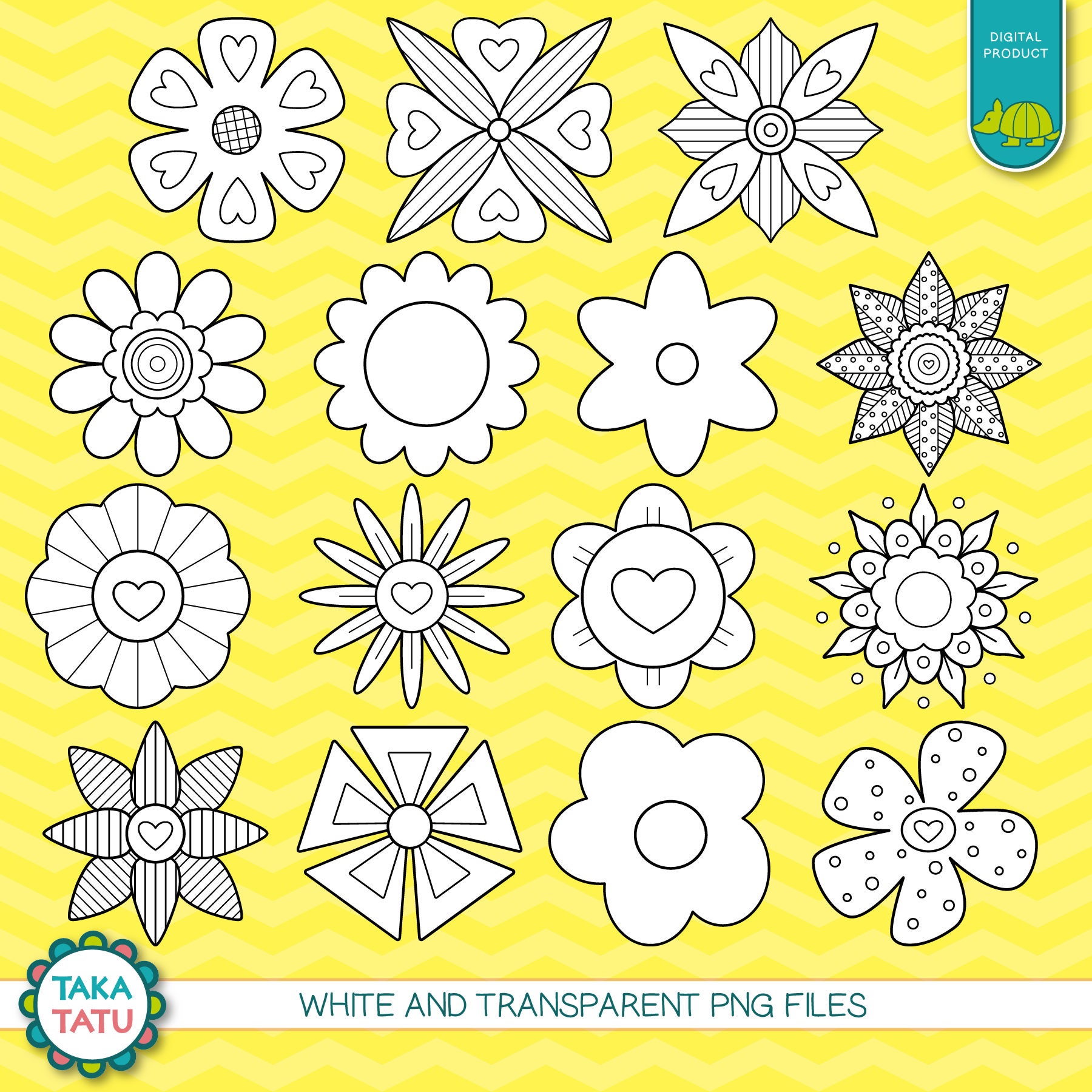 Flowers Digital Stamp Pack - Black and White Clipart / Flower Clipart ...