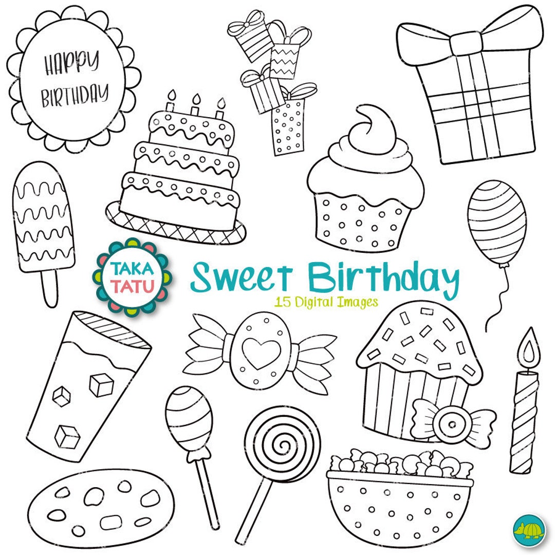 Sweet Birthday Digital Stamp Pack - Black and White Clipart / Birthday ...