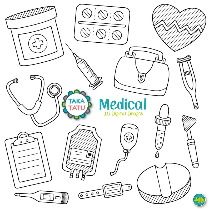 Pode incluir: Um conjunto de 15 ilustra&ccedil;&otilde;es m&eacute;dicas em preto e branco. As ilustra&ccedil;&otilde;es incluem um estetosc&oacute;pio, um frasco de p&iacute;lulas, uma seringa, um kit de primeiros socorros, muletas, uma bolsa de sangue, um term&ocirc;metro, uma p&iacute;lula, um conta-gotas, uma bandagem, um cora&ccedil;&atilde;o e uma prancheta. As ilustra&ccedil;&otilde;es est&atilde;o em um estilo simples e de desenho animado.