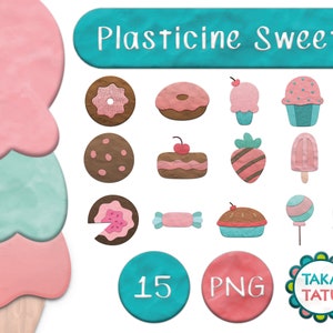 May include: A set of 15 digital clipart images of various sweet treats, including cupcakes, doughnuts, ice cream cones, and sweets. The images are in a cartoon style and feature a variety of colours, including pink, blue, brown, and white. The text "Plasticine Sweets" and "15 PNG" are also included in the image.