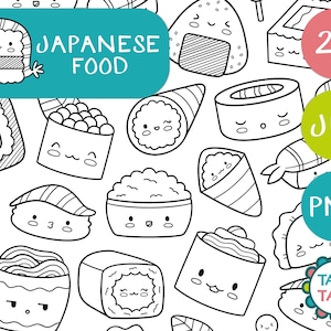 COMIDA JAPONESA Lindo blanco y negro dibujado a mano línea arte sello digital / Kawaii Sushi Clipart / Sushi con caras para lindos proyectos