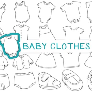 Timbre numérique de vêtements de bébé - Dessin au trait noir et blanc de vêtements de bébé / tenues pour bébés et chaussures de bébé / thème de la pépinière et de la douche de bébé