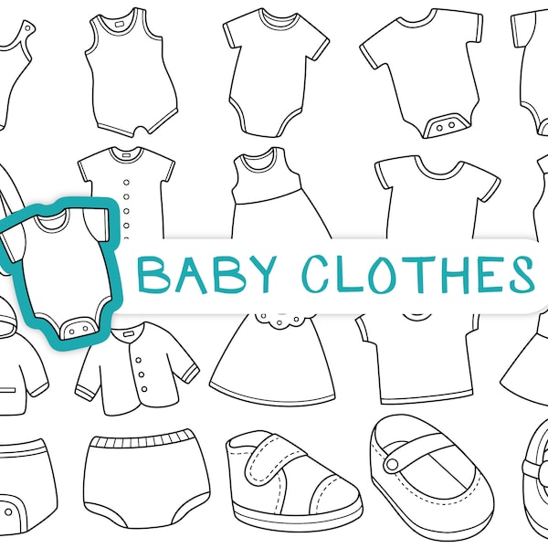 Baby Clothes Digital Stamp - Black and White Baby Clothes Line Art / Infant Outfits and Baby Shoes / Nursery and Baby Shower Theme