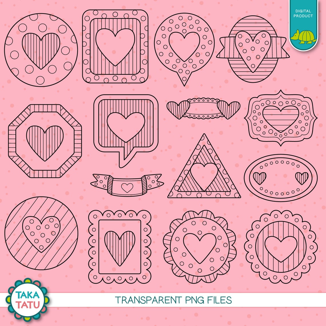 Hearts Digital Stamp Pack - Black and White Clipart / Valentines ...