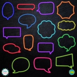 May include: A collection of 15 neon speech bubbles in various colors and shapes, including circles, squares, stars, and clouds. The bubbles are outlined in neon colors and are set against a black background.