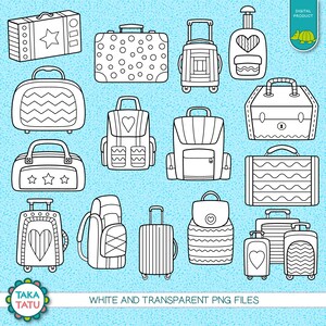 May include: A set of 14 black and white line drawings of various luggage and bags, including suitcases, backpacks, and duffel bags. The images are on a light blue background with white polka dots. The text "WHITE AND TRANSPARENT PNG FILES" is at the bottom of the image.