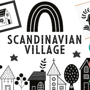 Clipart de vila escandinava - Doodles de vila / Silhuetas pretas de cidade escandinava - Clipart de construtor de cidade / fundo transparente PNG