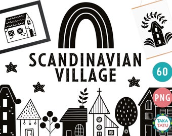 Scandinavian Village Clipart - Village Doodles / Scandinavian City Black Silhouettes - City Builder Clipart / PNG Transparent Background