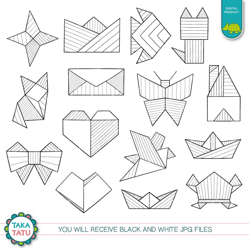 Origami Doodles Clipart Line Art Digital Stamp / Geometric | Etsy