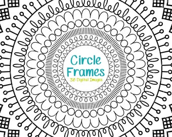 Geometric Circle Frames Clipart - Digital Circle Frames Digital Stamp / Black and White Doodle Frames / Circle Border / Round Frames Clipart