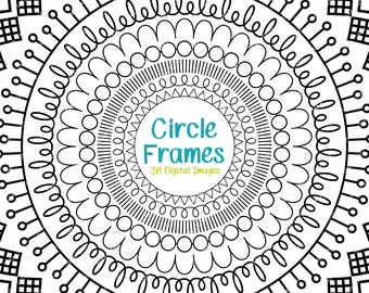 Geometric Circle Frames Clipart - Digital Circle Frames Digital Stamp / Black and White Doodle Frames / Circle Border / Round Frames Clipart