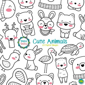Bianco e nero Cuties Clipart Set - Cute Animals Disegno in bianco e nero / Animali scandinavi stampabili Kawaii - Download istantaneo