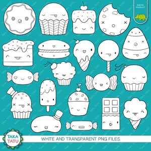May include: A set of 16 black and white line drawings of various cute food items with faces. The food items include cupcakes, ice cream cones, candy, cookies, cake, and a chocolate bar. The background is a solid turquoise blue.