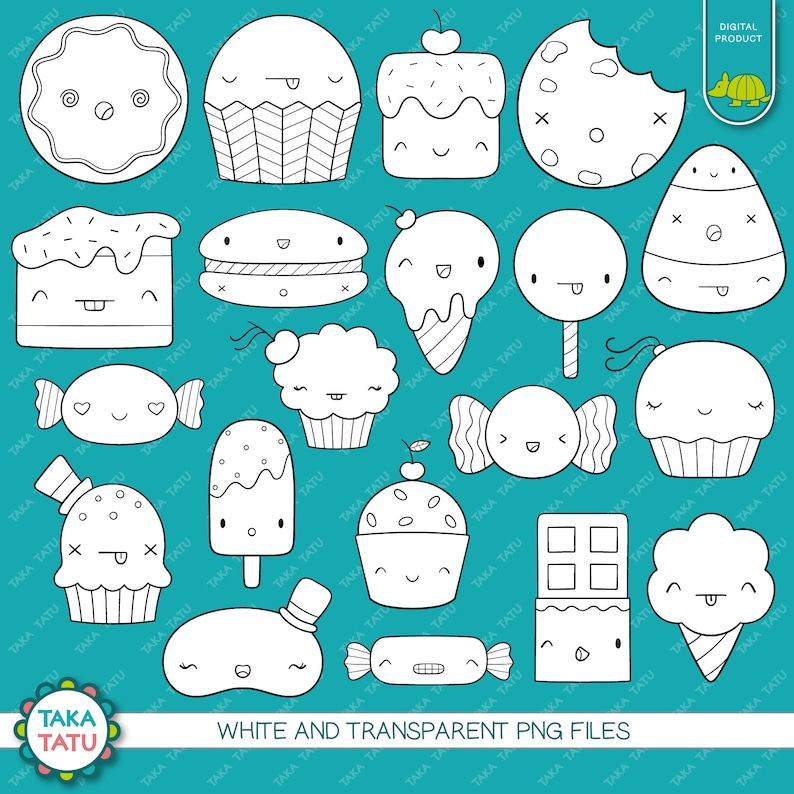 May include: A set of 16 black and white line drawings of various cute food items with faces. The food items include cupcakes, ice cream cones, candy, cookies, cake, and a chocolate bar. The background is a solid turquoise blue.