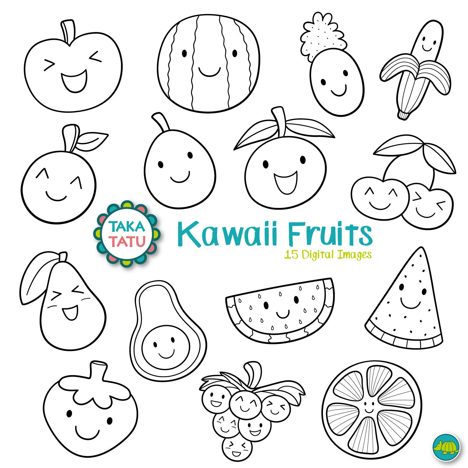 Kawaii Fruits Digital Stamp Black and White Clipart / Kawaii | Etsy