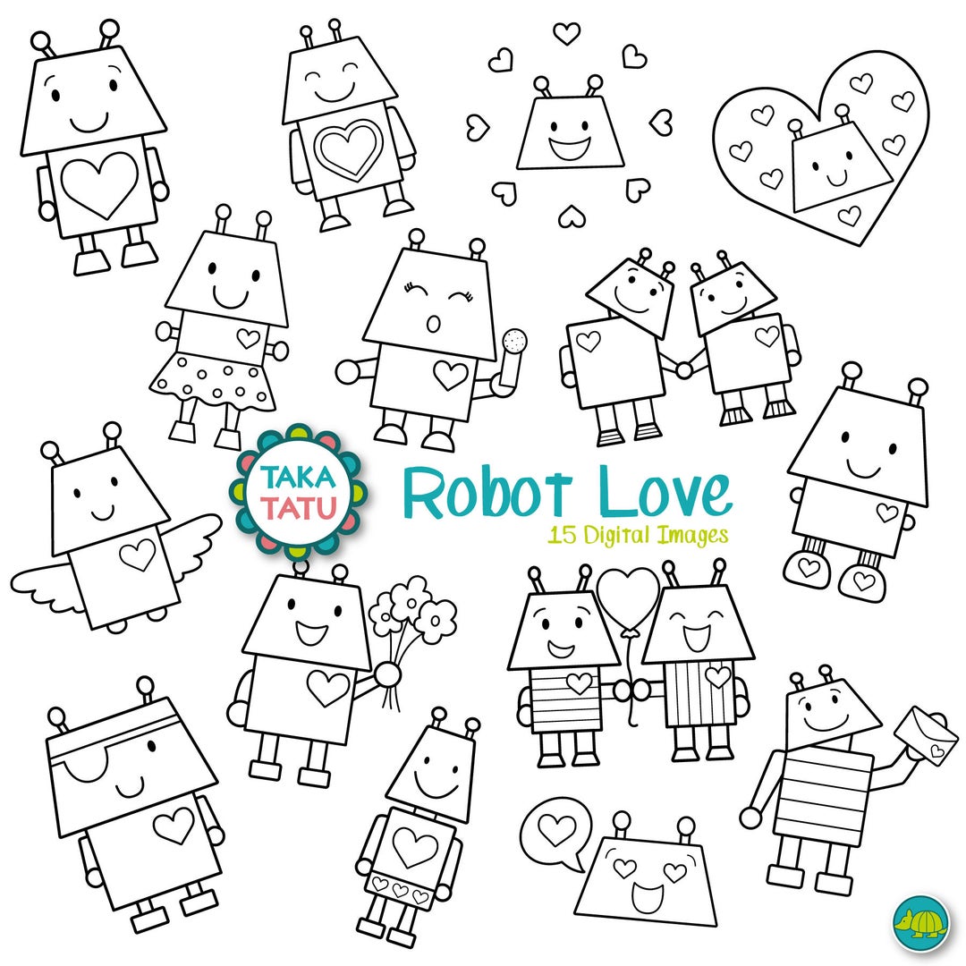 Robot Love Digital Stamp Pack - Black and White Clipart / Valentines ...