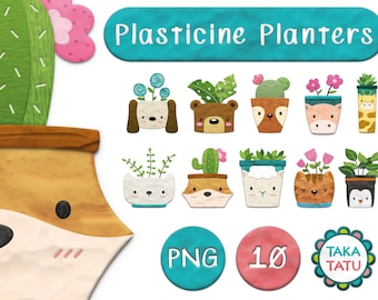 PLASTICINE ANIMAL PLANTERS Clipart - Digital Clay Cute Clipart / Clay Animals and Plants / Plasticine Digital Style - Instant Download