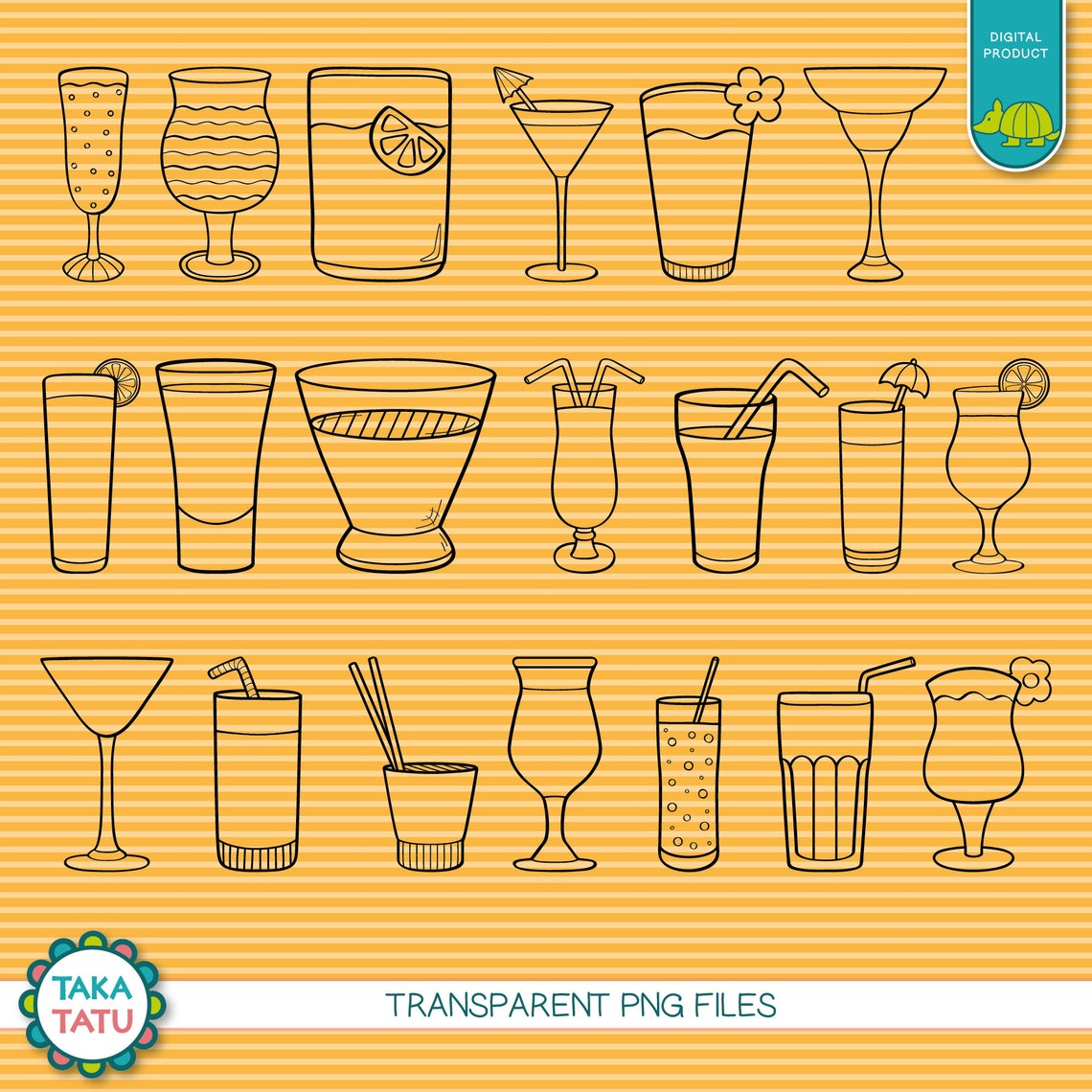 Party Drinks Digital Stamp Pack - Black and White Clipart / Cocktail ...