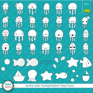 May include: A set of 30 black and white outline illustrations of jellyfish, fish, stars, waves, and other ocean-themed elements. The illustrations are on a turquoise background. The text "White and Transparent PNG Files" is at the bottom of the image.
