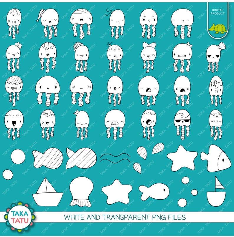 May include: A set of 30 black and white outline illustrations of jellyfish, fish, stars, waves, and other ocean-themed elements. The illustrations are on a turquoise background. The text "White and Transparent PNG Files" is at the bottom of the image.