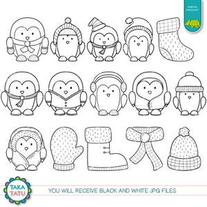 May include: A set of 14 black and white illustrations featuring penguins wearing winter accessories, including hats, scarves, mittens, and boots. The illustrations are perfect for creating winter-themed crafts, cards, or digital designs.