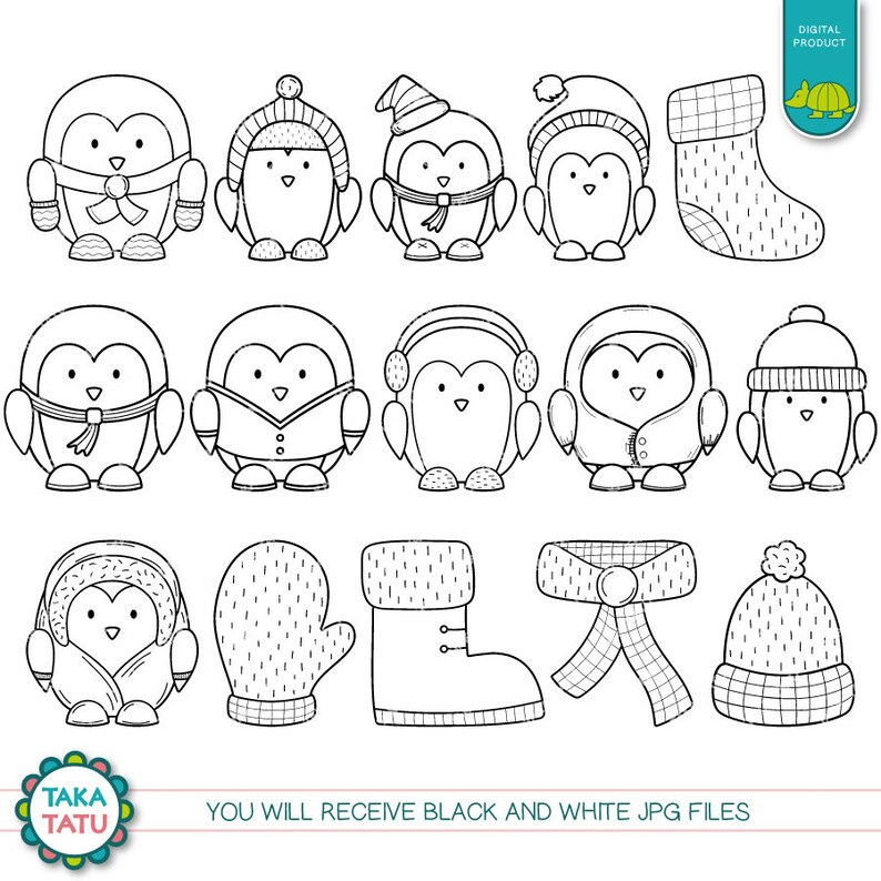 May include: A set of 14 black and white illustrations featuring penguins wearing winter accessories, including hats, scarves, mittens, and boots. The illustrations are perfect for creating winter-themed crafts, cards, or digital designs.