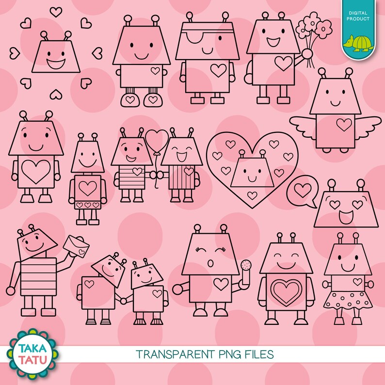 Robot Love Digital Stamp Pack Black and White Clipart / | Etsy