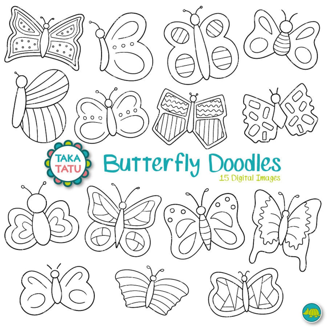 Butterfly Doodles Digital Stamp Black and White Clipart / Etsy