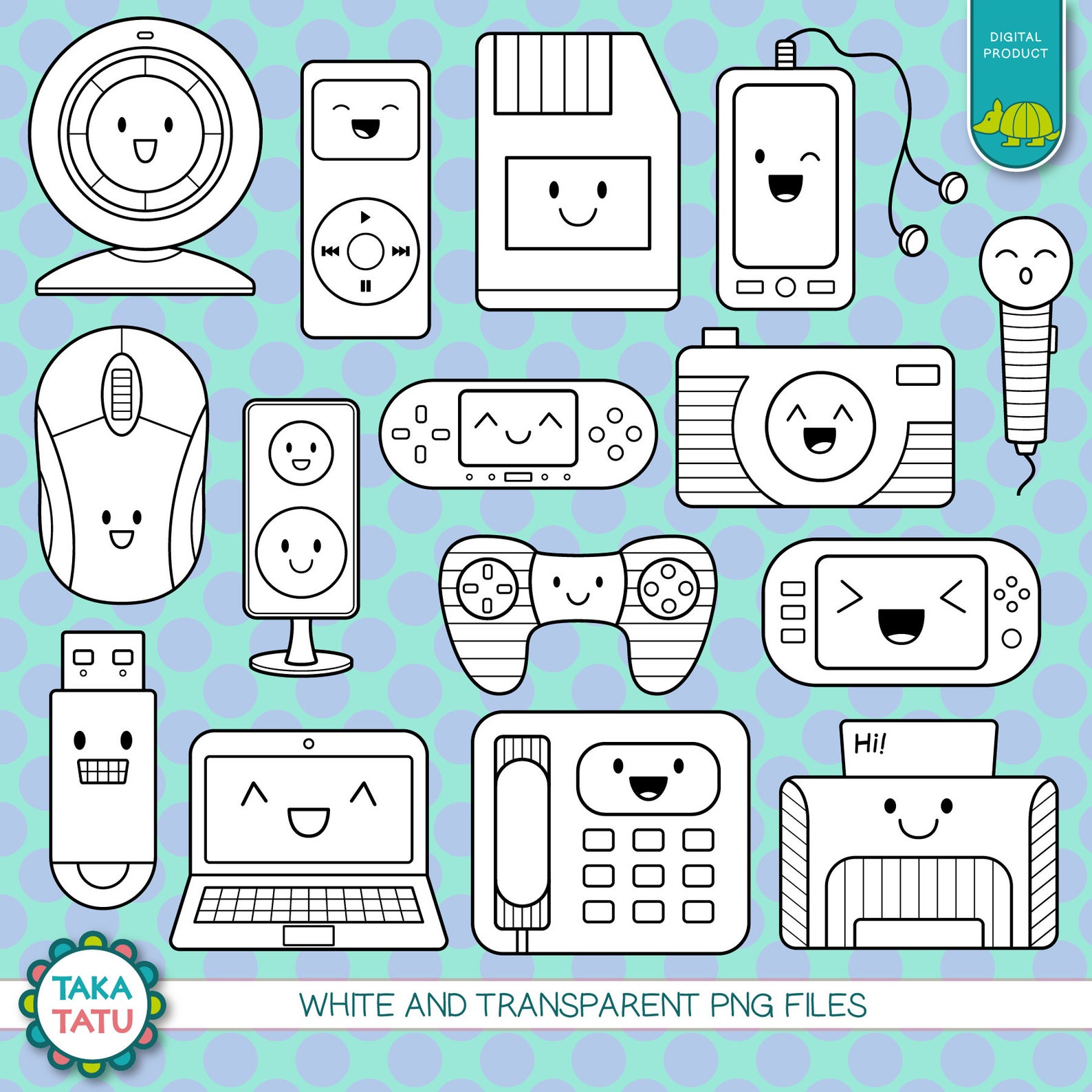 Kawaii Gadgets Digital Stamp - Gadget Clip Art / Electronic Clipart ...