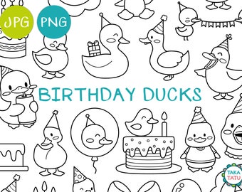 BIRTHDAY DUCK CLIPART - Black and White Hand Drawn Birthday Themed Ducklings / Birthday Party Images with Instant Download