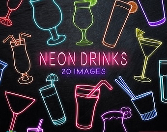 Neon Drinks Clipart - Neon Cocktail Clipart / Digital Neon Lights / Neon Party Drinks Clipart / Neon Drinks Overlay / Digital Neon Bar Sign