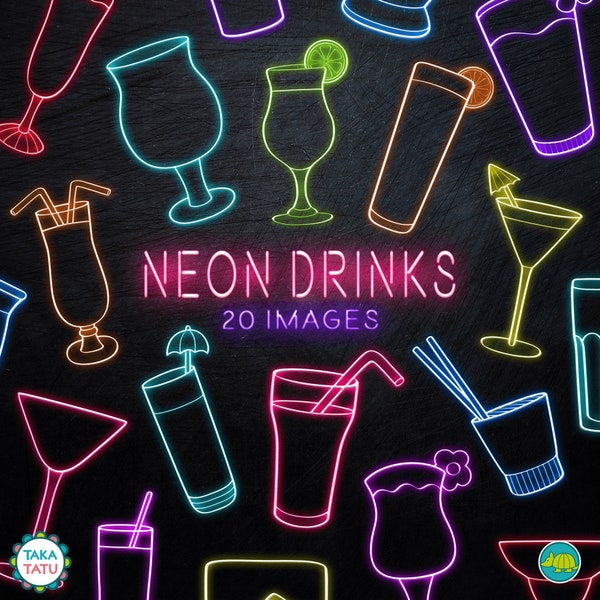 Neon Drinks Clipart - Neon Cocktail Clipart / Digital Neon Lights / Neon Party Drinks Clipart / Neon Drinks Overlay / Digital Neon Bar Sign