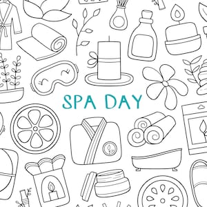43 Spa Day Theme Digital Stamp Set - Self Care Noir et Blanc Imprimable Dessiné à la main Art Clipart / Relaxing Day Off Digital Doodles