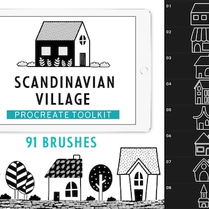 Könnte beinhalten: Eine digitale Illustration eines skandinavischen Dorfes mit 91 Procreate-Pinseln. Das Bild zeigt eine Sammlung von schwarz-weißen Häusern, Bäumen und anderen Dorfelementen. Der Text "SCANDINAVIAN VILLAGE" und "PROCREATE TOOLKIT" wird auf einem Tablet-Bildschirm angezeigt.