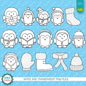 May include: A set of 14 black and white illustrations of penguins wearing winter accessories, including hats, scarves, mittens, and boots.  The illustrations are on a light blue background with a white border.